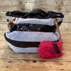 Juicy Couture Sequin Striped Shoulder Bag with Gold Chain & Pink Pom Charm